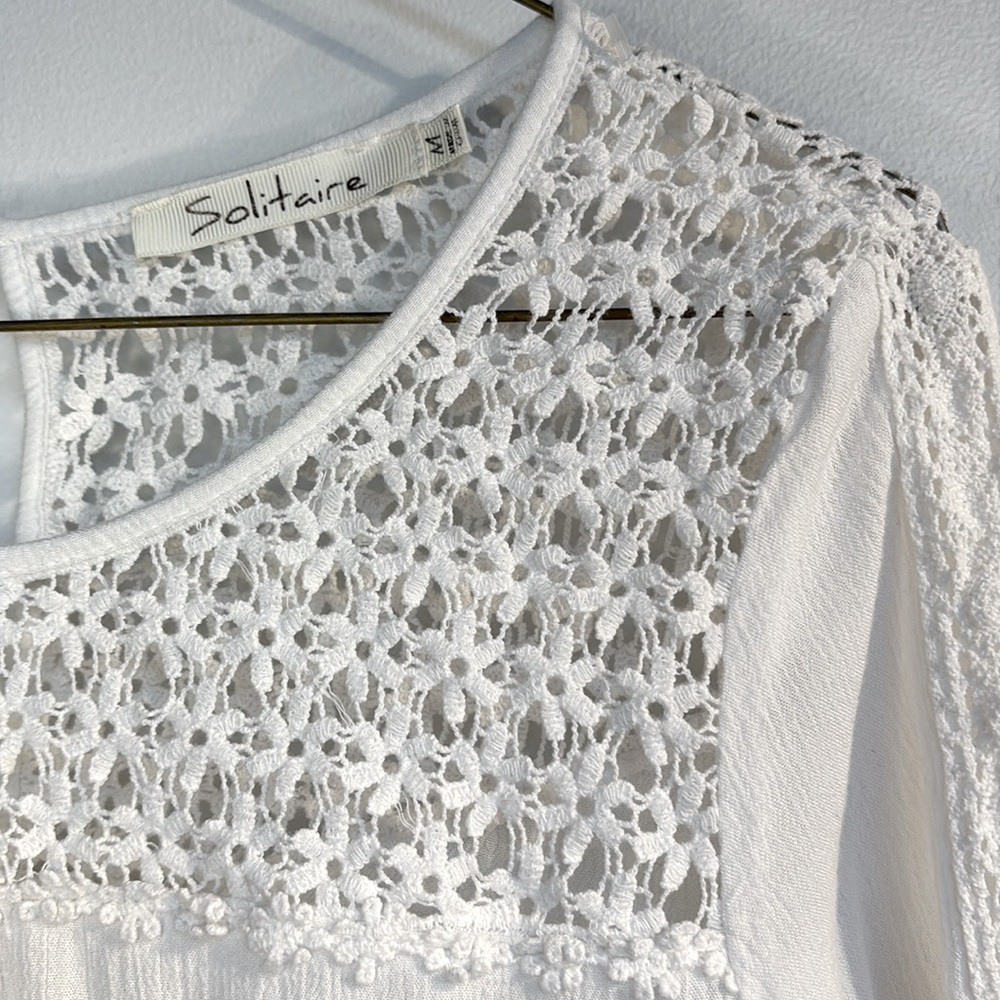 Solitaire Sz M White Boho crochet top. Crotchet is cotton and the rest rayon. - Picture 1 of 4